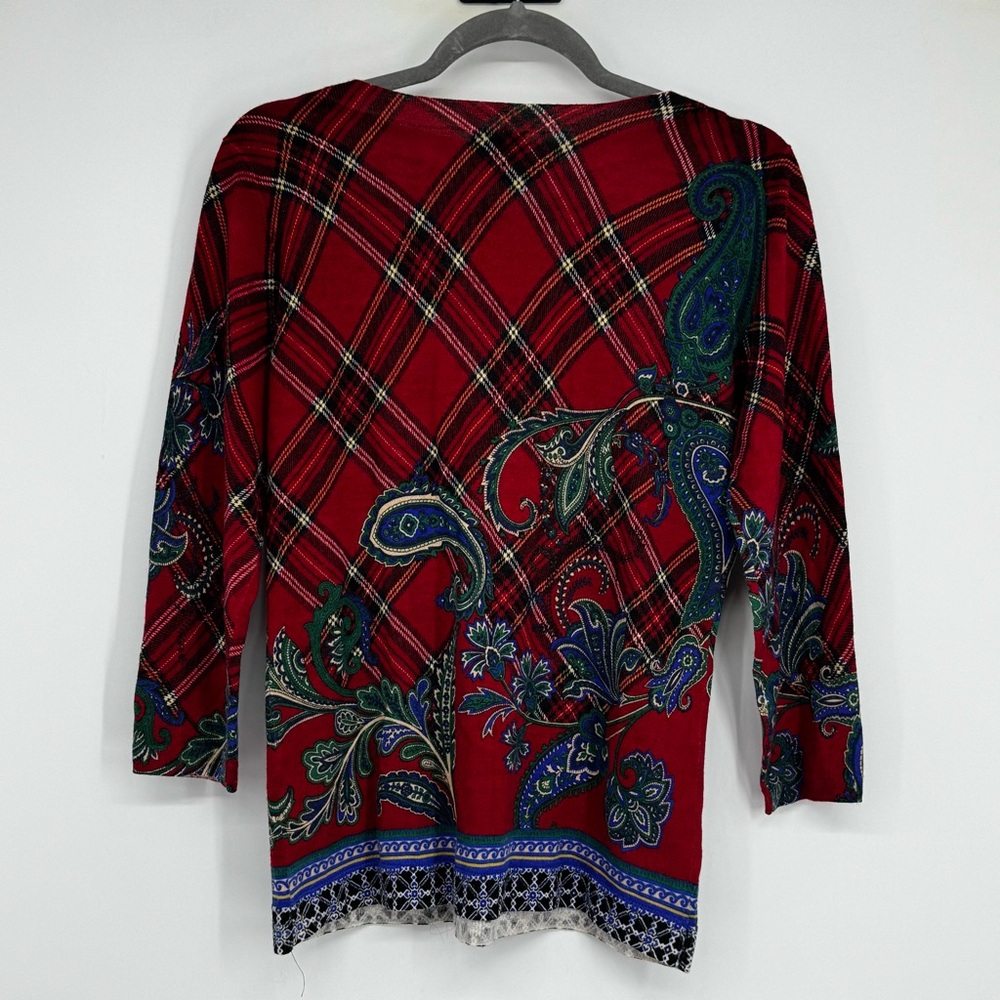 Talbots Size Medium Lightweight 100% Merino Wool Red Plaid/Paisley Sweater - Picture 9 of 11